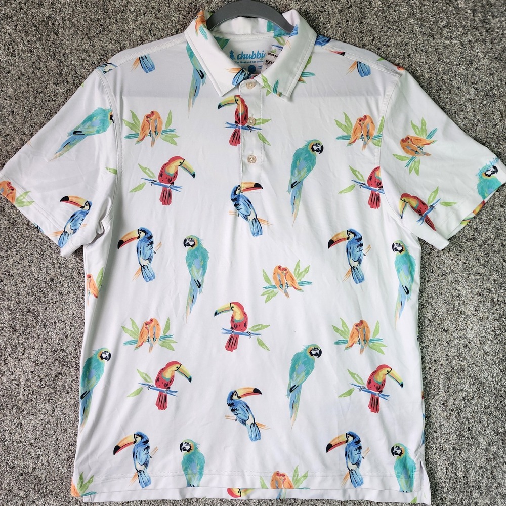 Chubbies Polo Shirt Mens Small Tropical Bird Parrot Toucan Golf Performance NEW